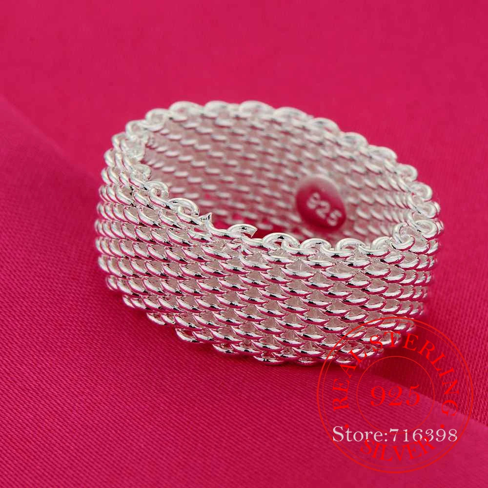 100% 925 Sterling Silver Rings for Women Silver Weaving Wide Ring Personality Fashion OL Woman Girl Party Wedding Gift
