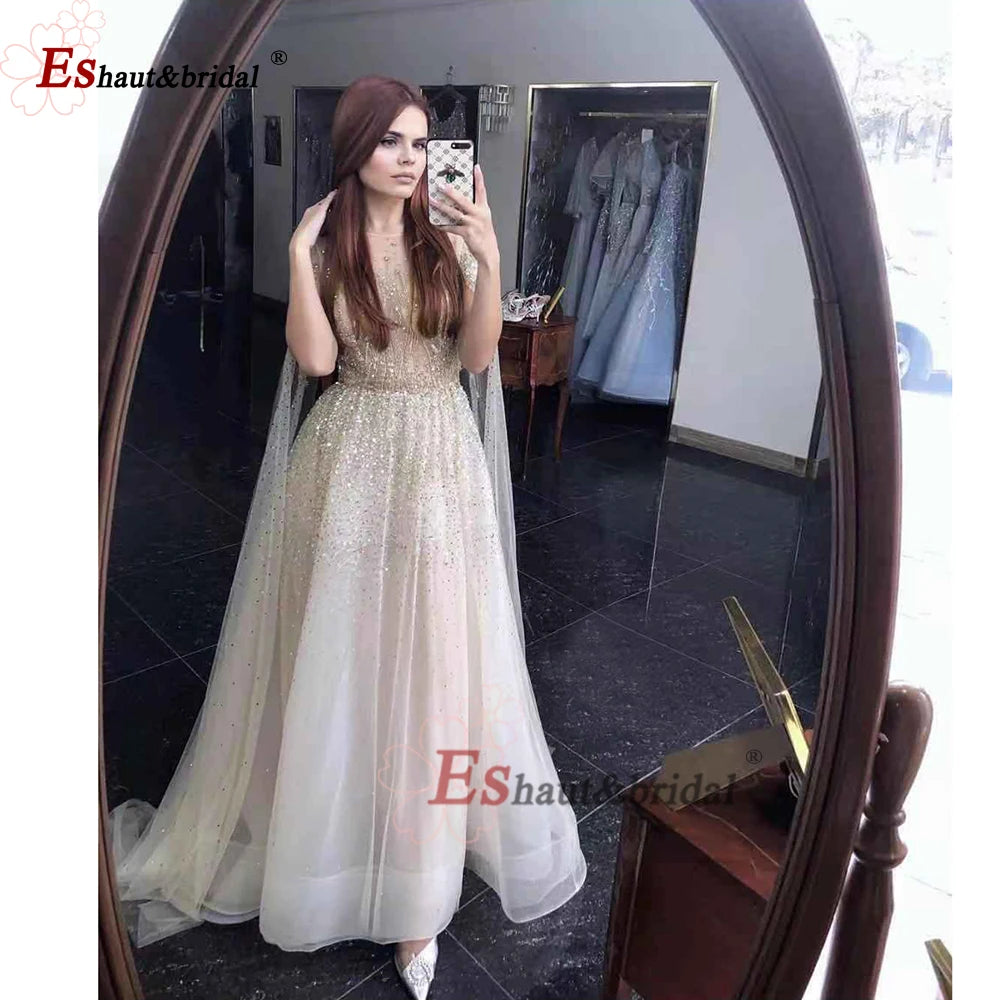 Elegant Dubai Arabic Evening Dresses for Women 2025 Long Sleeves O Neck A-Line Luxury Formal Prom Wedding Party Gowns Customized