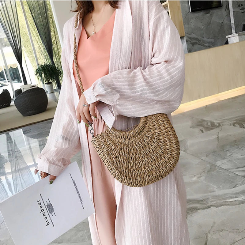 Summer Handmade Bags for Women Beach Weaving Ladies Straw Bag Wrapped Beach Bag Moon shaped Top Handle Handbags Totes