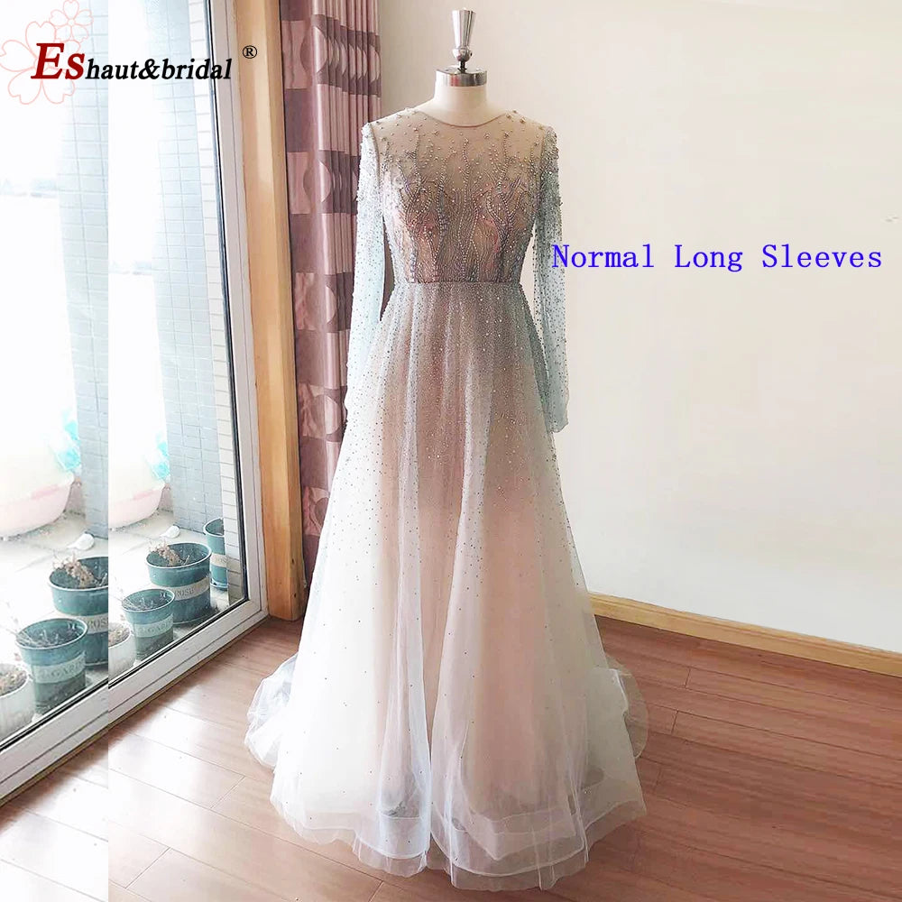 Elegant Dubai Arabic Evening Dresses for Women 2025 Long Sleeves O Neck A-Line Luxury Formal Prom Wedding Party Gowns Customized