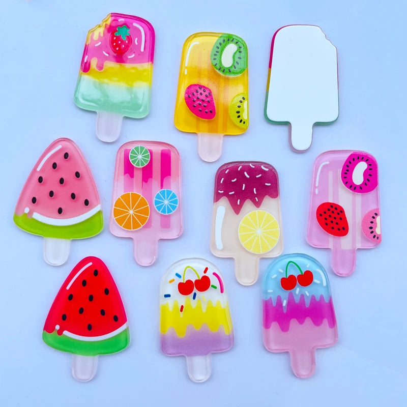 10 Pieces Of Acrylic Cute Mixed Fruit Popsicle Flat Back Scrapbook Kawaii DIY Jewelry Children Gift Hairpin Accessories A64