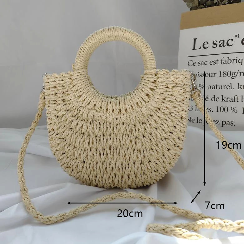 Summer Handmade Bags for Women Beach Weaving Ladies Straw Bag Wrapped Beach Bag Moon shaped Top Handle Handbags Totes
