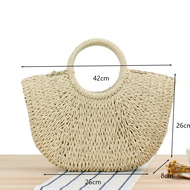 Summer Handmade Bags for Women Beach Weaving Ladies Straw Bag Wrapped Beach Bag Moon shaped Top Handle Handbags Totes