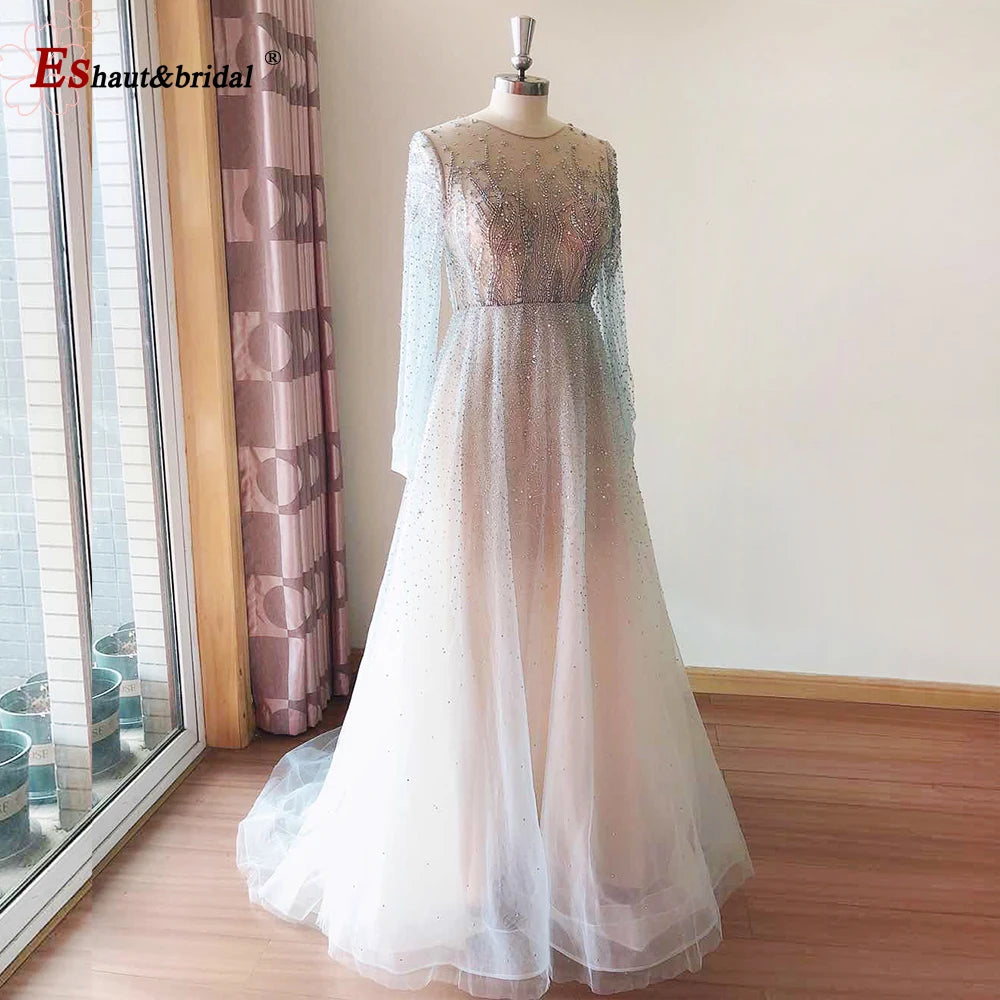 Elegant Dubai Arabic Evening Dresses for Women 2025 Long Sleeves O Neck A-Line Luxury Formal Prom Wedding Party Gowns Customized