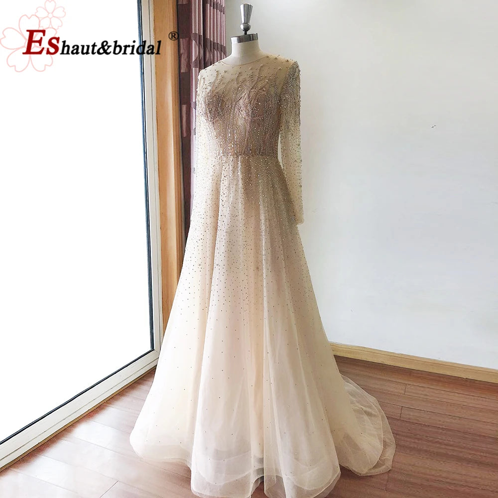 Elegant Dubai Arabic Evening Dresses for Women 2025 Long Sleeves O Neck A-Line Luxury Formal Prom Wedding Party Gowns Customized