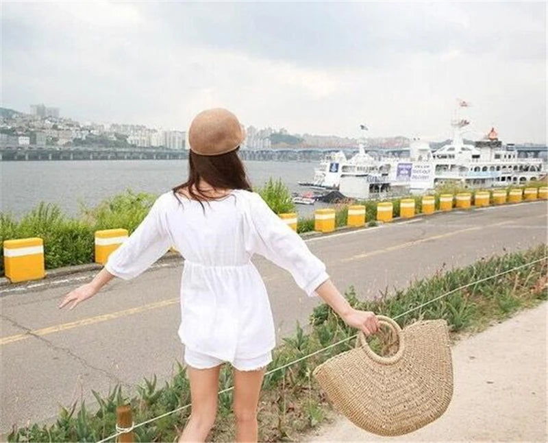 Summer Handmade Bags for Women Beach Weaving Ladies Straw Bag Wrapped Beach Bag Moon shaped Top Handle Handbags Totes
