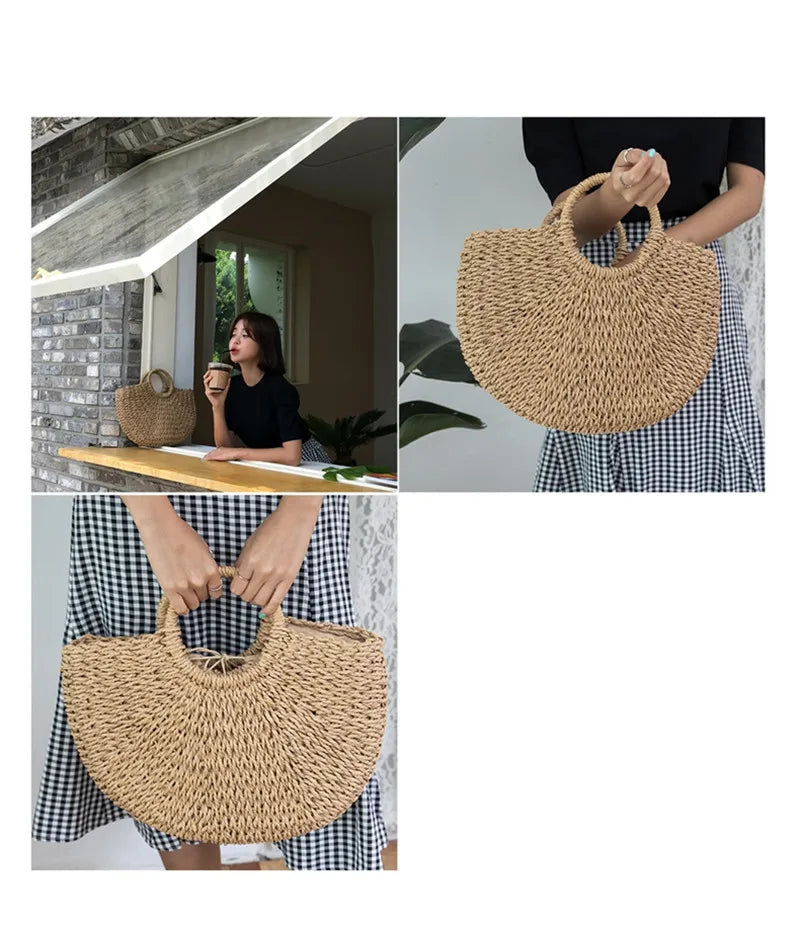 Summer Handmade Bags for Women Beach Weaving Ladies Straw Bag Wrapped Beach Bag Moon shaped Top Handle Handbags Totes