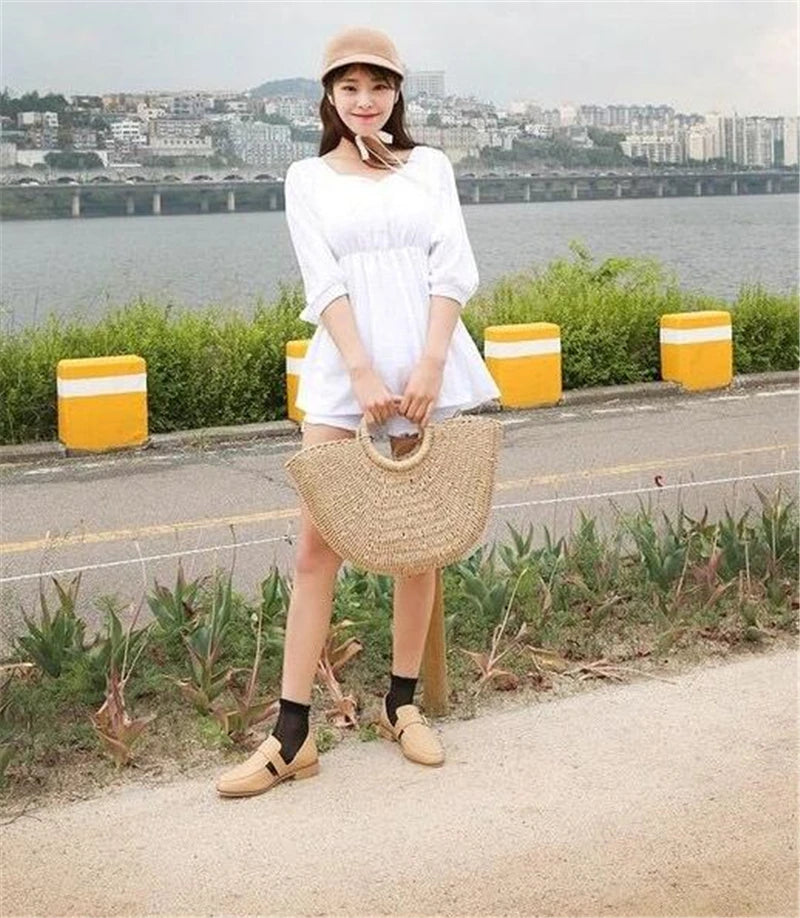 Summer Handmade Bags for Women Beach Weaving Ladies Straw Bag Wrapped Beach Bag Moon shaped Top Handle Handbags Totes