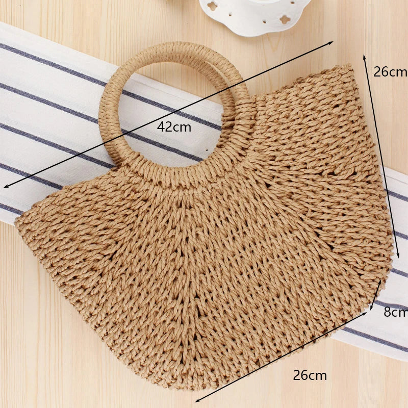 Summer Handmade Bags for Women Beach Weaving Ladies Straw Bag Wrapped Beach Bag Moon shaped Top Handle Handbags Totes