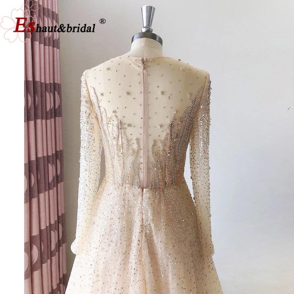 Elegant Dubai Arabic Evening Dresses for Women 2025 Long Sleeves O Neck A-Line Luxury Formal Prom Wedding Party Gowns Customized