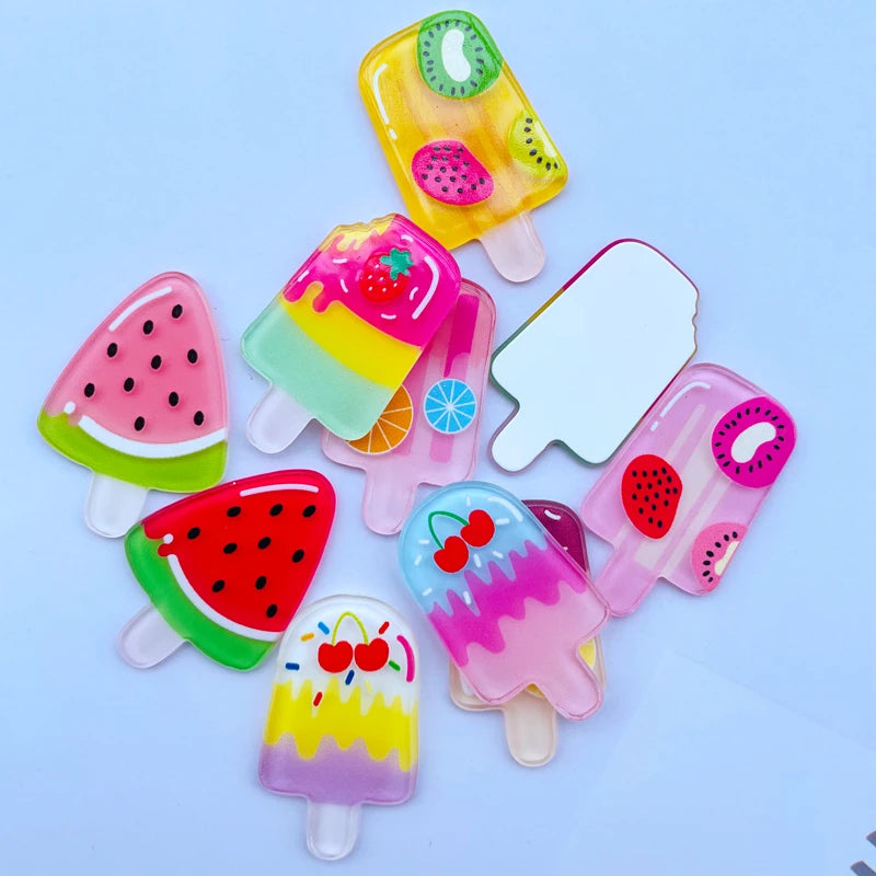 10 Pieces Of Acrylic Cute Mixed Fruit Popsicle Flat Back Scrapbook Kawaii DIY Jewelry Children Gift Hairpin Accessories A64