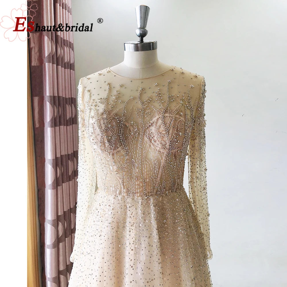 Elegant Dubai Arabic Evening Dresses for Women 2025 Long Sleeves O Neck A-Line Luxury Formal Prom Wedding Party Gowns Customized