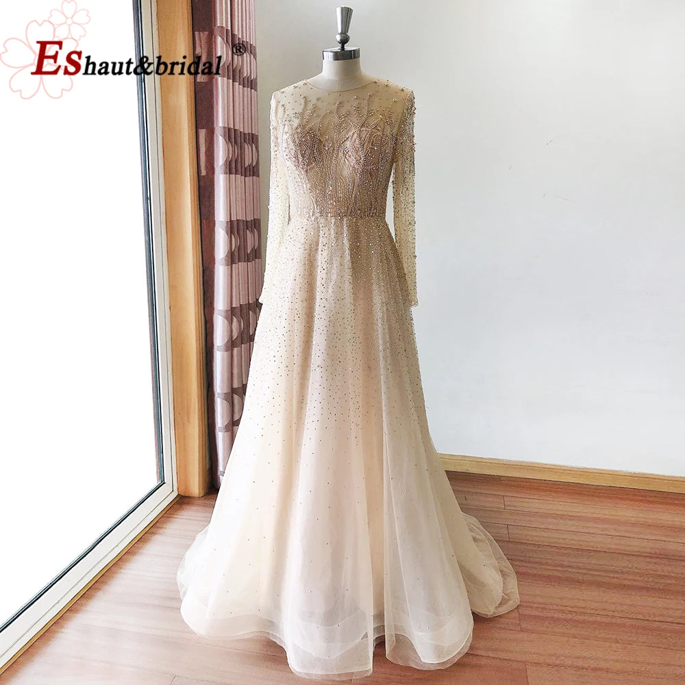 Elegant Dubai Arabic Evening Dresses for Women 2025 Long Sleeves O Neck A-Line Luxury Formal Prom Wedding Party Gowns Customized