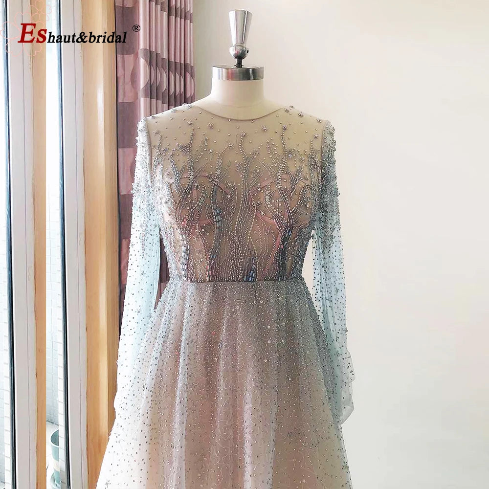 Elegant Dubai Arabic Evening Dresses for Women 2025 Long Sleeves O Neck A-Line Luxury Formal Prom Wedding Party Gowns Customized