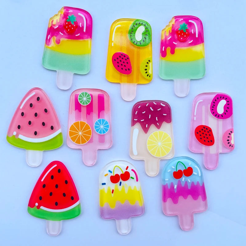 10 Pieces Of Acrylic Cute Mixed Fruit Popsicle Flat Back Scrapbook Kawaii DIY Jewelry Children Gift Hairpin Accessories A64