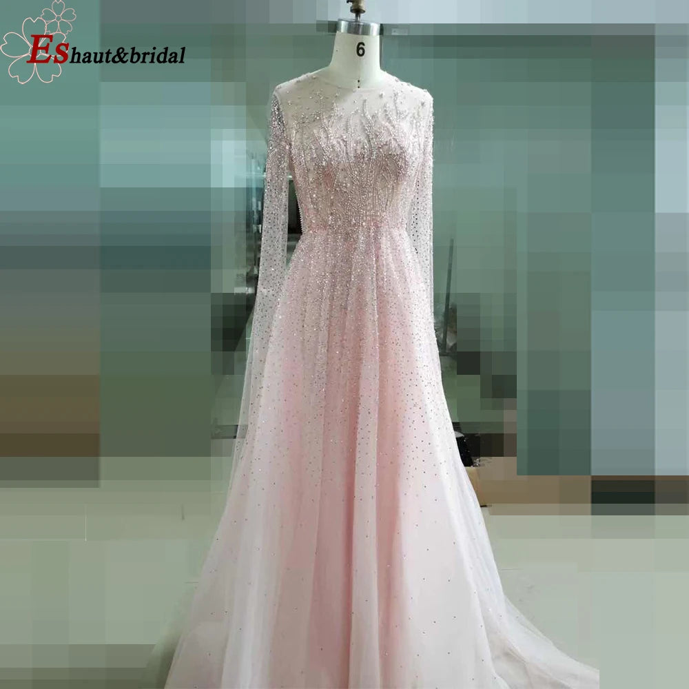 Elegant Dubai Arabic Evening Dresses for Women 2025 Long Sleeves O Neck A-Line Luxury Formal Prom Wedding Party Gowns Customized