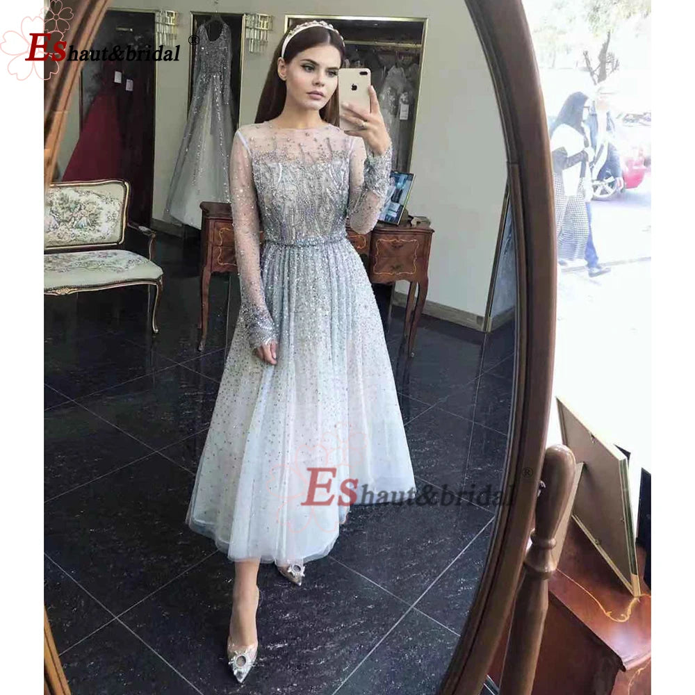 Elegant Dubai Arabic Evening Dresses for Women 2025 Long Sleeves O Neck A-Line Luxury Formal Prom Wedding Party Gowns Customized