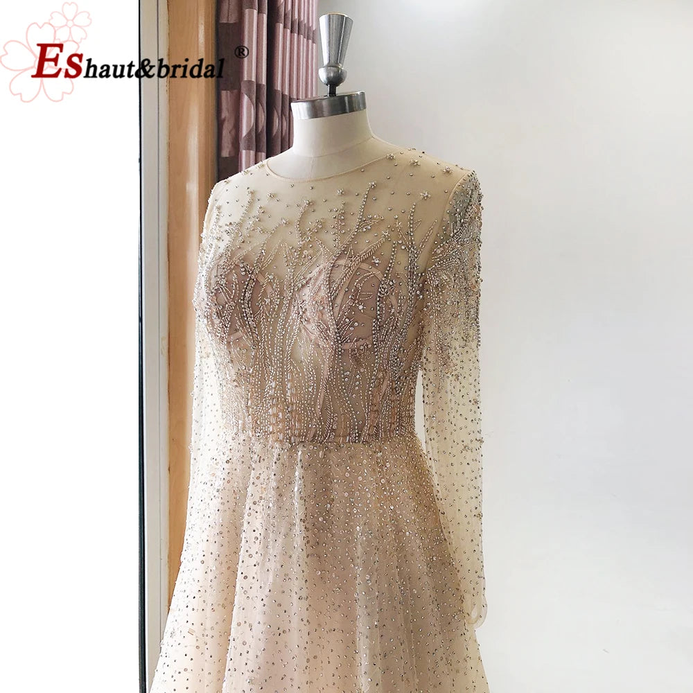 Elegant Dubai Arabic Evening Dresses for Women 2025 Long Sleeves O Neck A-Line Luxury Formal Prom Wedding Party Gowns Customized