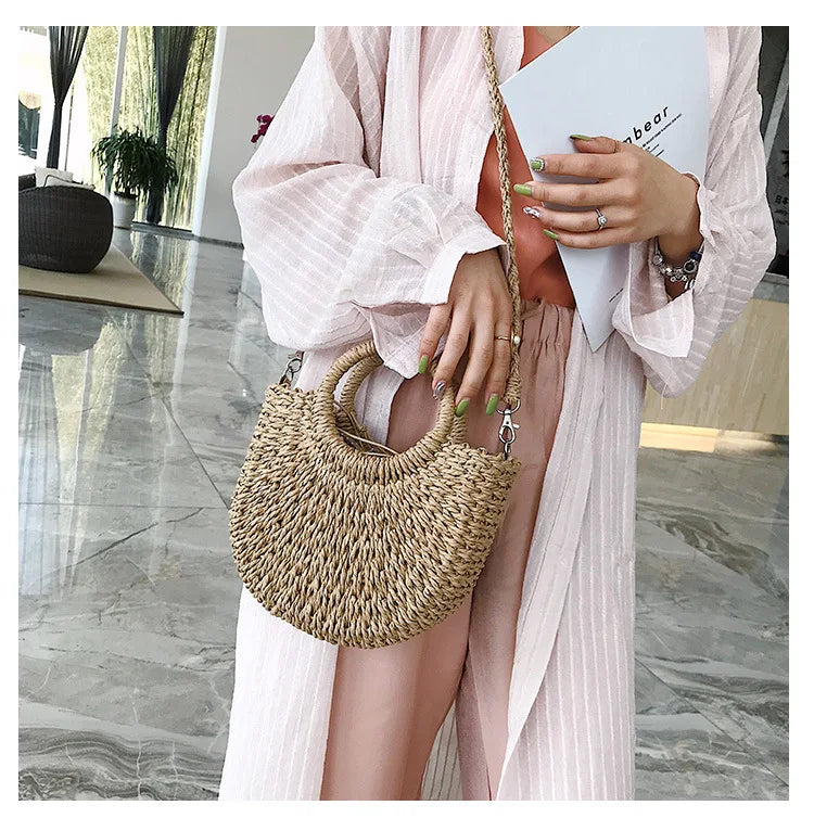Summer Handmade Bags for Women Beach Weaving Ladies Straw Bag Wrapped Beach Bag Moon shaped Top Handle Handbags Totes
