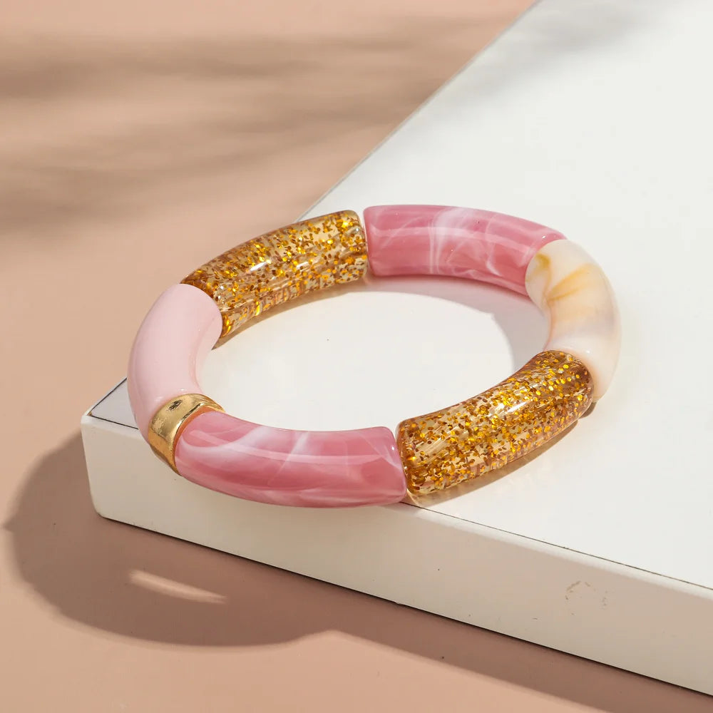 New Big Bamboo Tube Acrylic Stack Bracelet for Women Men Vintage Colorful Resin Chunky Elbow Bead Elastic Bangle Couple Jewelry