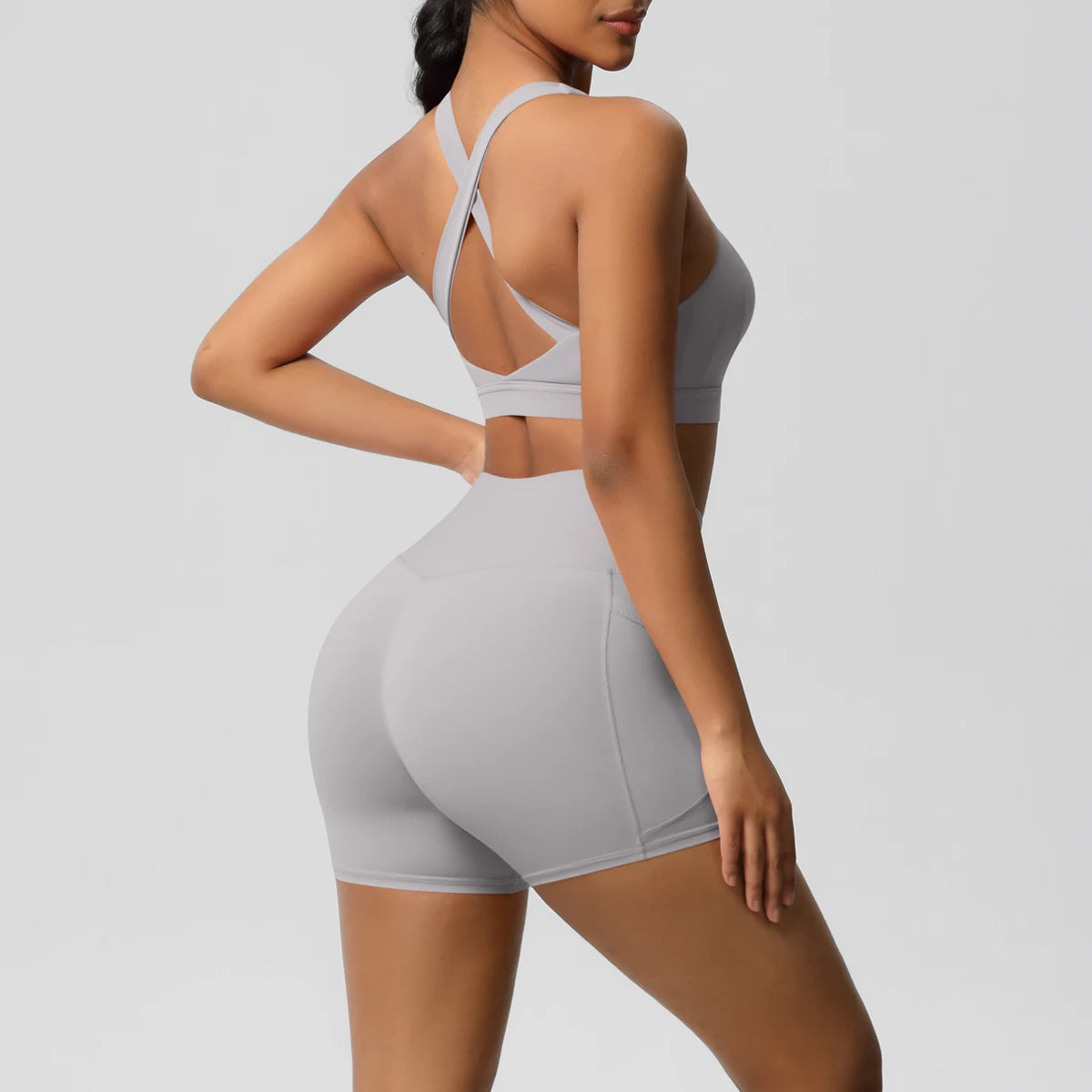 2PCS Sportswear With Pocketed Yoga Set Gym Clothes Yoga Suits For Women Tracksuits Sports Shorts Crossover Bra Gym Leggings