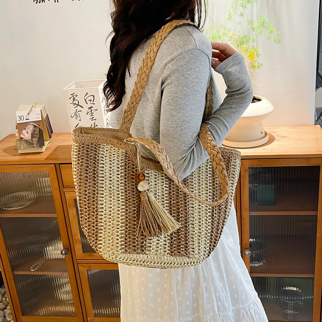 Women handbags.2025 Summer New Striped Handbag Large-capacity lightweight leisure one-shoulder straw bag holiday shopping basket