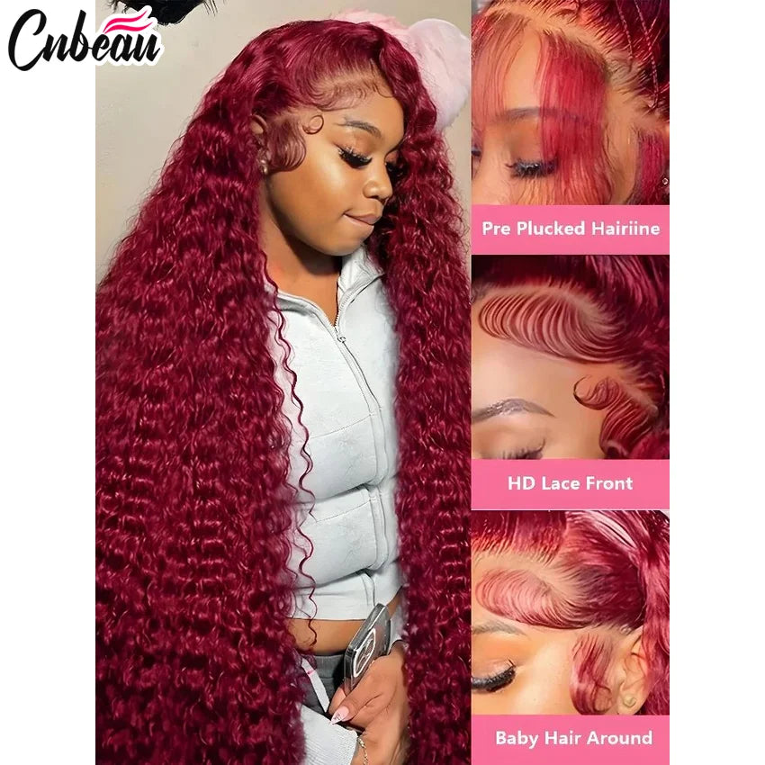 250% 30 36 Inch 13x4 HD Lace Frontal Wig Kinky Curly 99J Burgund Red Wine Hd Lace Human Hair Wigs Glueless Brazilian Water Wave