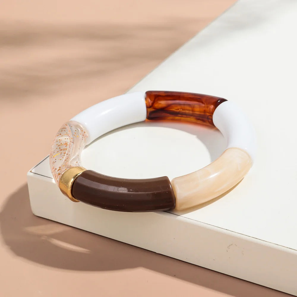 New Big Bamboo Tube Acrylic Stack Bracelet for Women Men Vintage Colorful Resin Chunky Elbow Bead Elastic Bangle Couple Jewelry