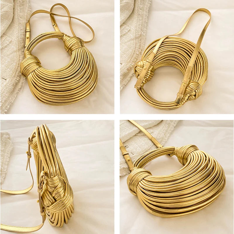 Handbags for Women 2025 New Gold Luxury Designer Brand Handwoven Noodle Bags Rope Knotted Pulled Hobo Silver Evening Clutch Chic