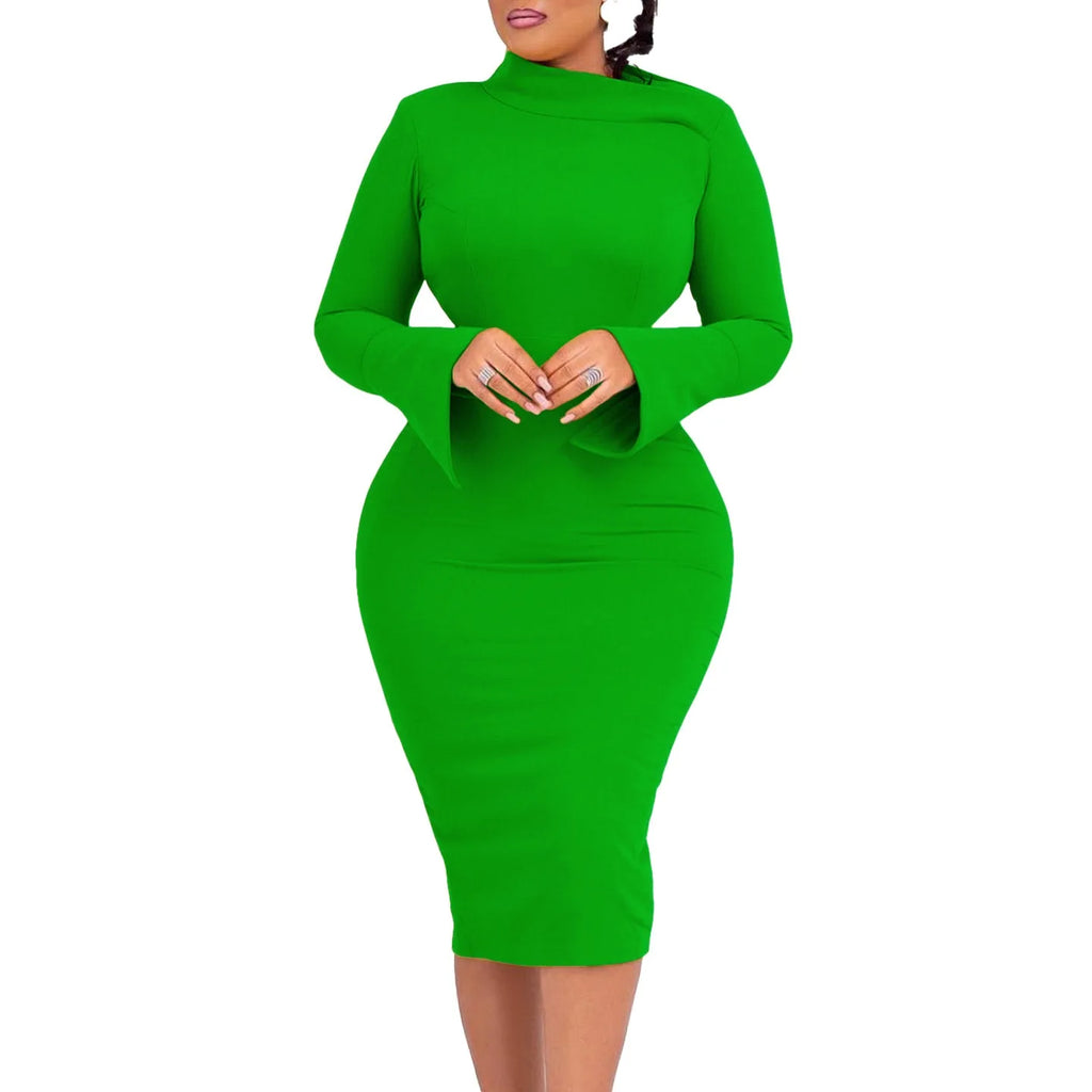 Dresses for Women 2024 New Skew Collar Full Sleeve Solid Sheath Package Hips Mid Calf Professional African Business Work Dress
