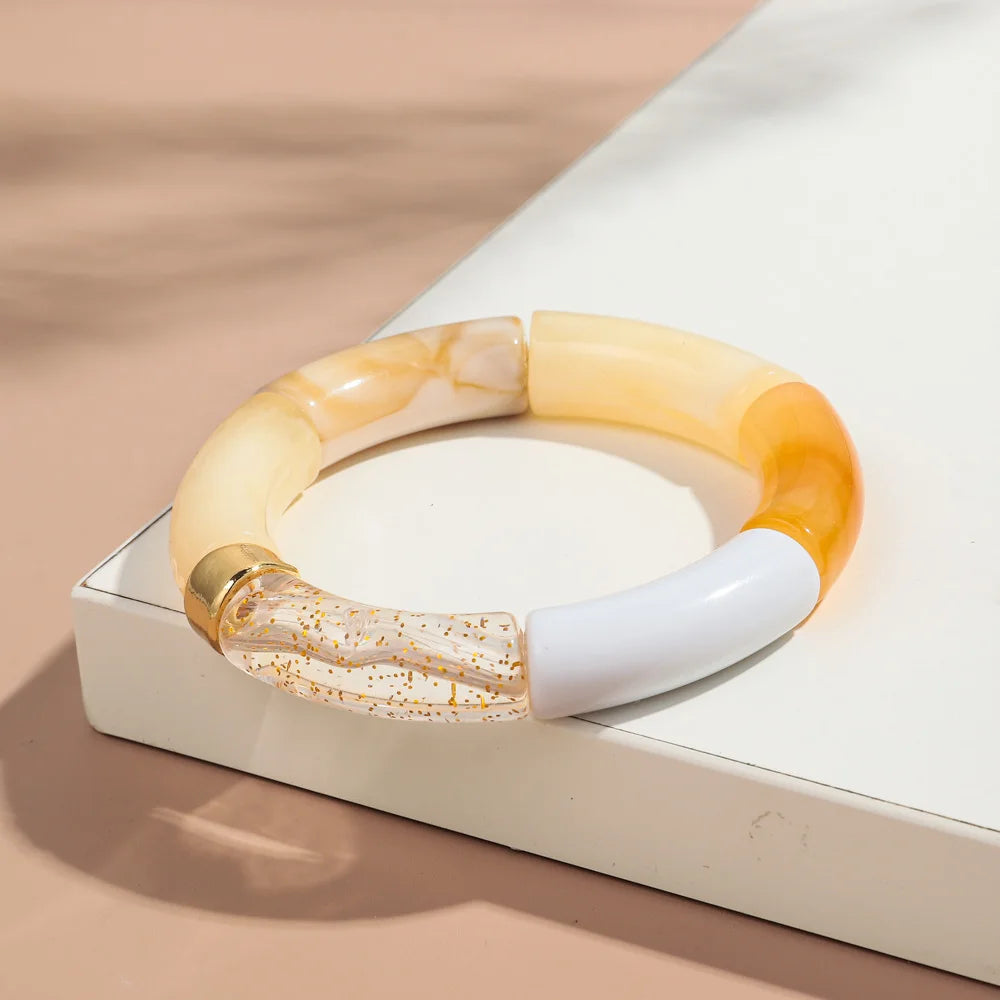 New Big Bamboo Tube Acrylic Stack Bracelet for Women Men Vintage Colorful Resin Chunky Elbow Bead Elastic Bangle Couple Jewelry