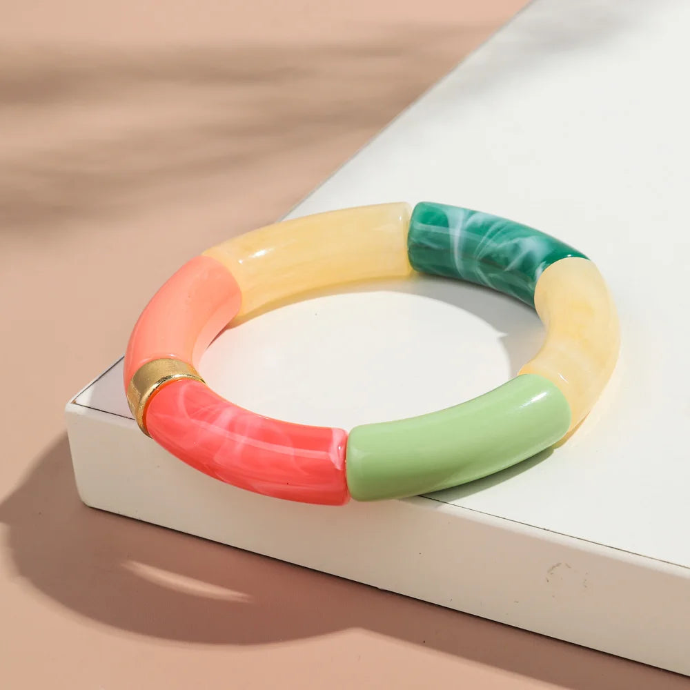 New Big Bamboo Tube Acrylic Stack Bracelet for Women Men Vintage Colorful Resin Chunky Elbow Bead Elastic Bangle Couple Jewelry