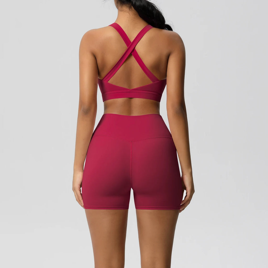 2PCS Sportswear With Pocketed Yoga Set Gym Clothes Yoga Suits For Women Tracksuits Sports Shorts Crossover Bra Gym Leggings