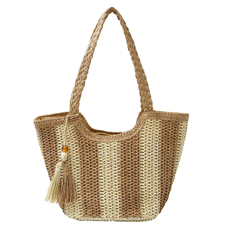 Women handbags.2025 Summer New Striped Handbag Large-capacity lightweight leisure one-shoulder straw bag holiday shopping basket