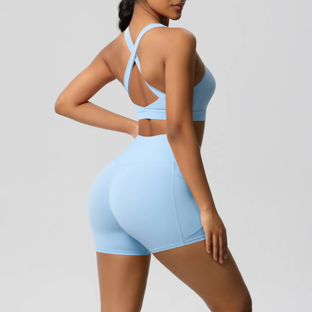 2PCS Sportswear With Pocketed Yoga Set Gym Clothes Yoga Suits For Women Tracksuits Sports Shorts Crossover Bra Gym Leggings