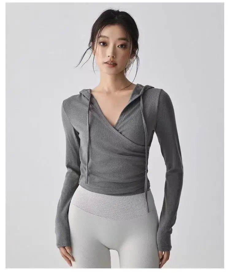 Gym Coat Workout Wear Hooded Yoga Suit for Women New Style Running Pilates Long-sleeved Training V-neck Fitness Suit Top Clothes