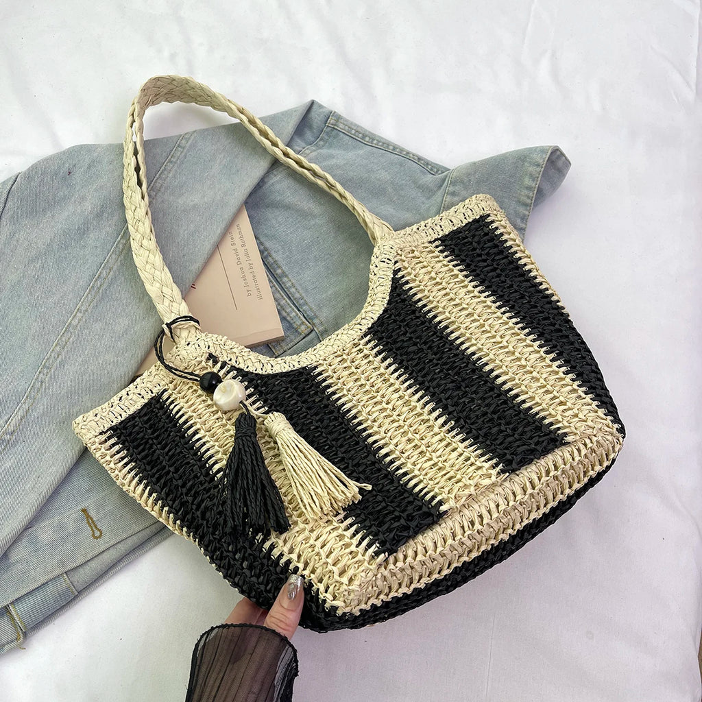 Women handbags.2025 Summer New Striped Handbag Large-capacity lightweight leisure one-shoulder straw bag holiday shopping basket
