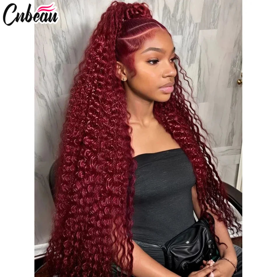 250% 30 36 Inch 13x4 HD Lace Frontal Wig Kinky Curly 99J Burgund Red Wine Hd Lace Human Hair Wigs Glueless Brazilian Water Wave