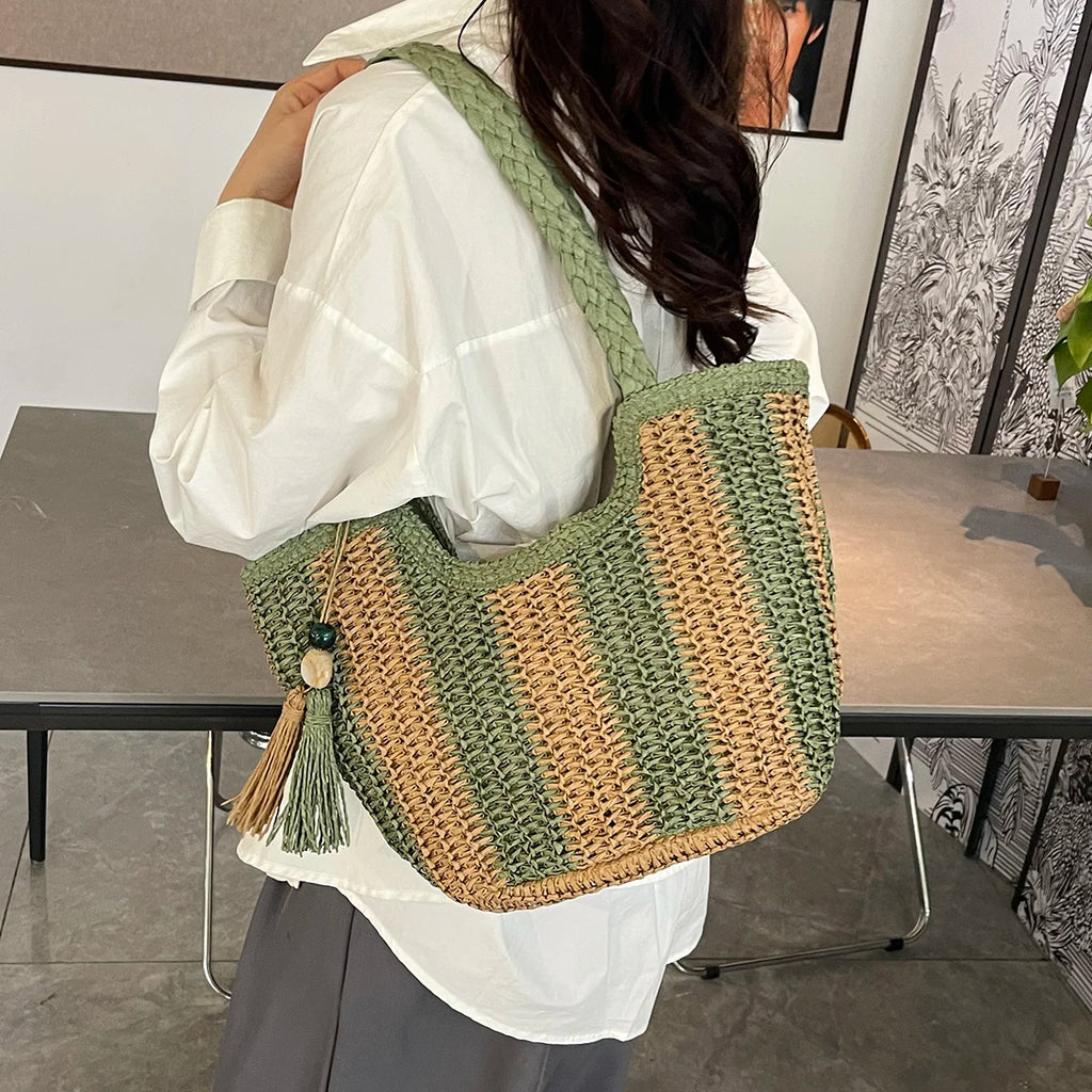 Women handbags.2025 Summer New Striped Handbag Large-capacity lightweight leisure one-shoulder straw bag holiday shopping basket