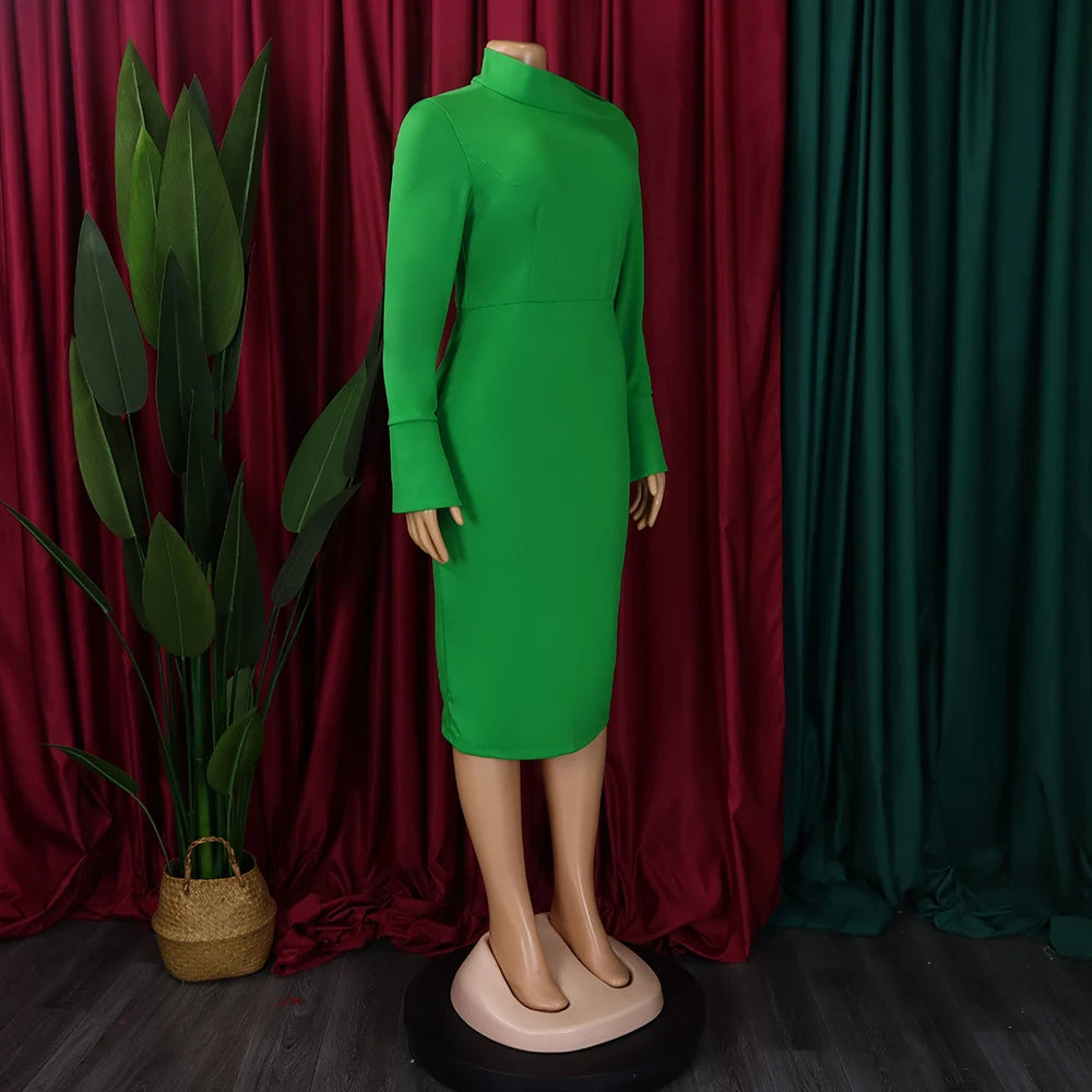Dresses for Women 2024 New Skew Collar Full Sleeve Solid Sheath Package Hips Mid Calf Professional African Business Work Dress