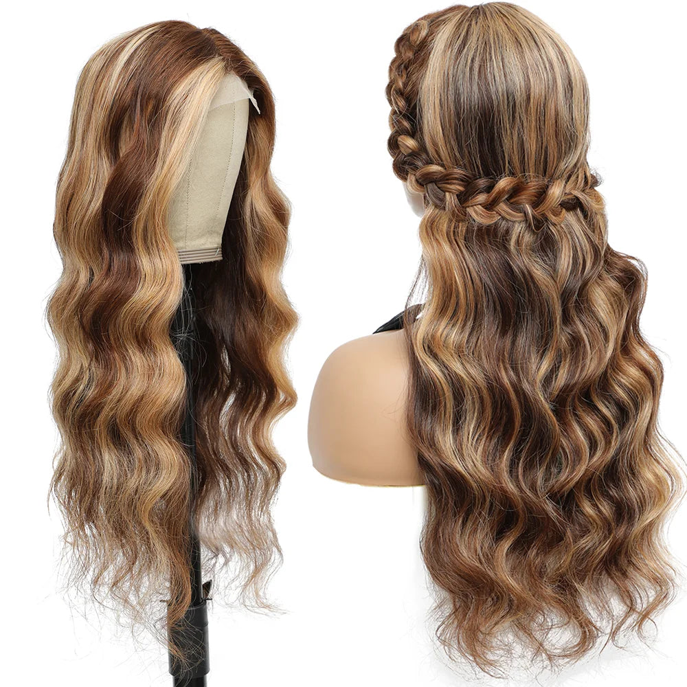 Highlight Brown Body Wave T Part Lace Front Wig Human Hair Wigs For Women Pre Plucked Honey Blonde Colored Cheap Hair Wigs