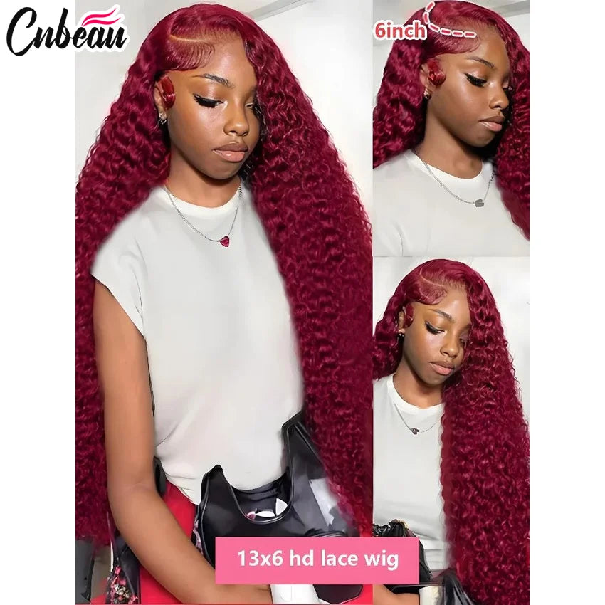 250% 30 36 Inch 13x4 HD Lace Frontal Wig Kinky Curly 99J Burgund Red Wine Hd Lace Human Hair Wigs Glueless Brazilian Water Wave