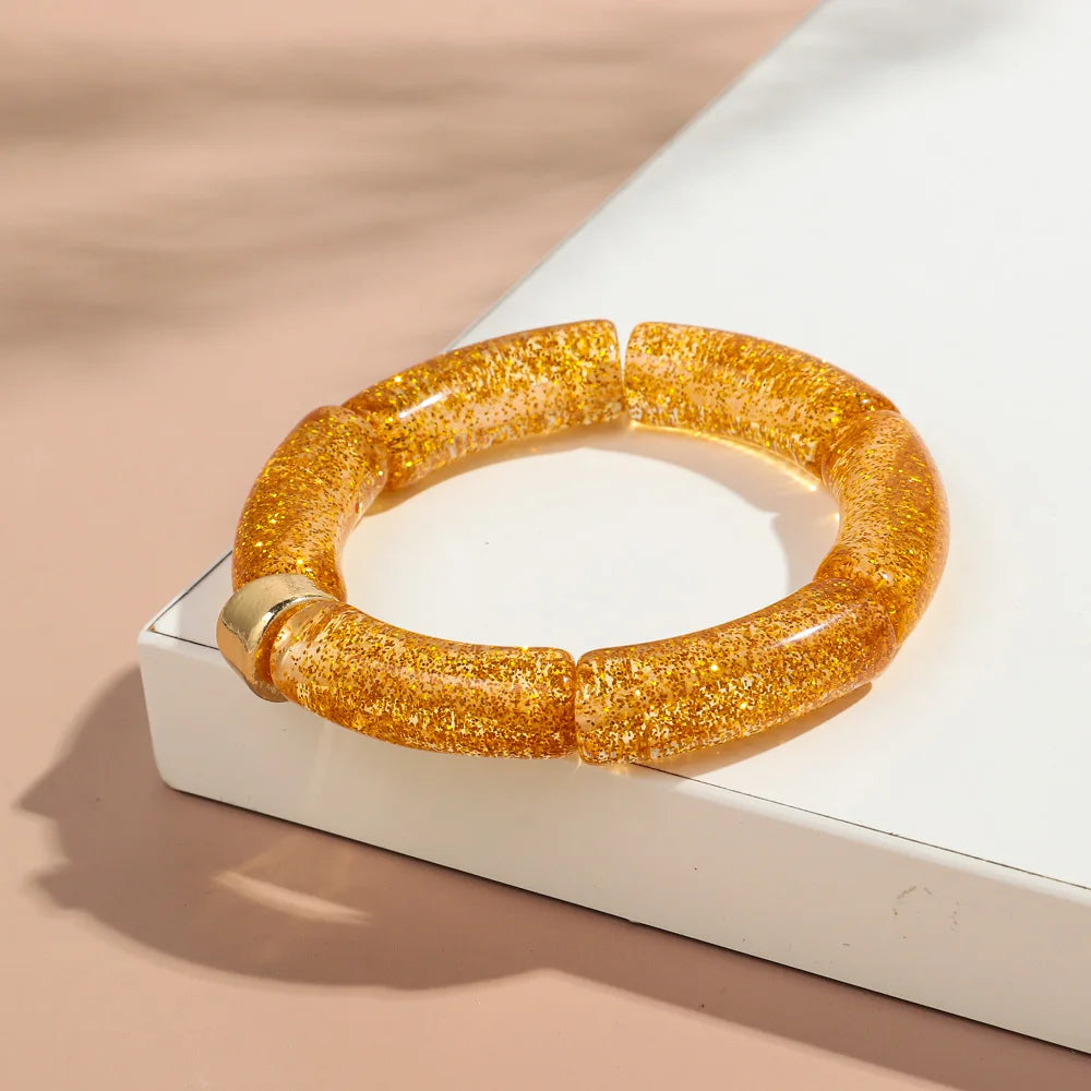 New Big Bamboo Tube Acrylic Stack Bracelet for Women Men Vintage Colorful Resin Chunky Elbow Bead Elastic Bangle Couple Jewelry