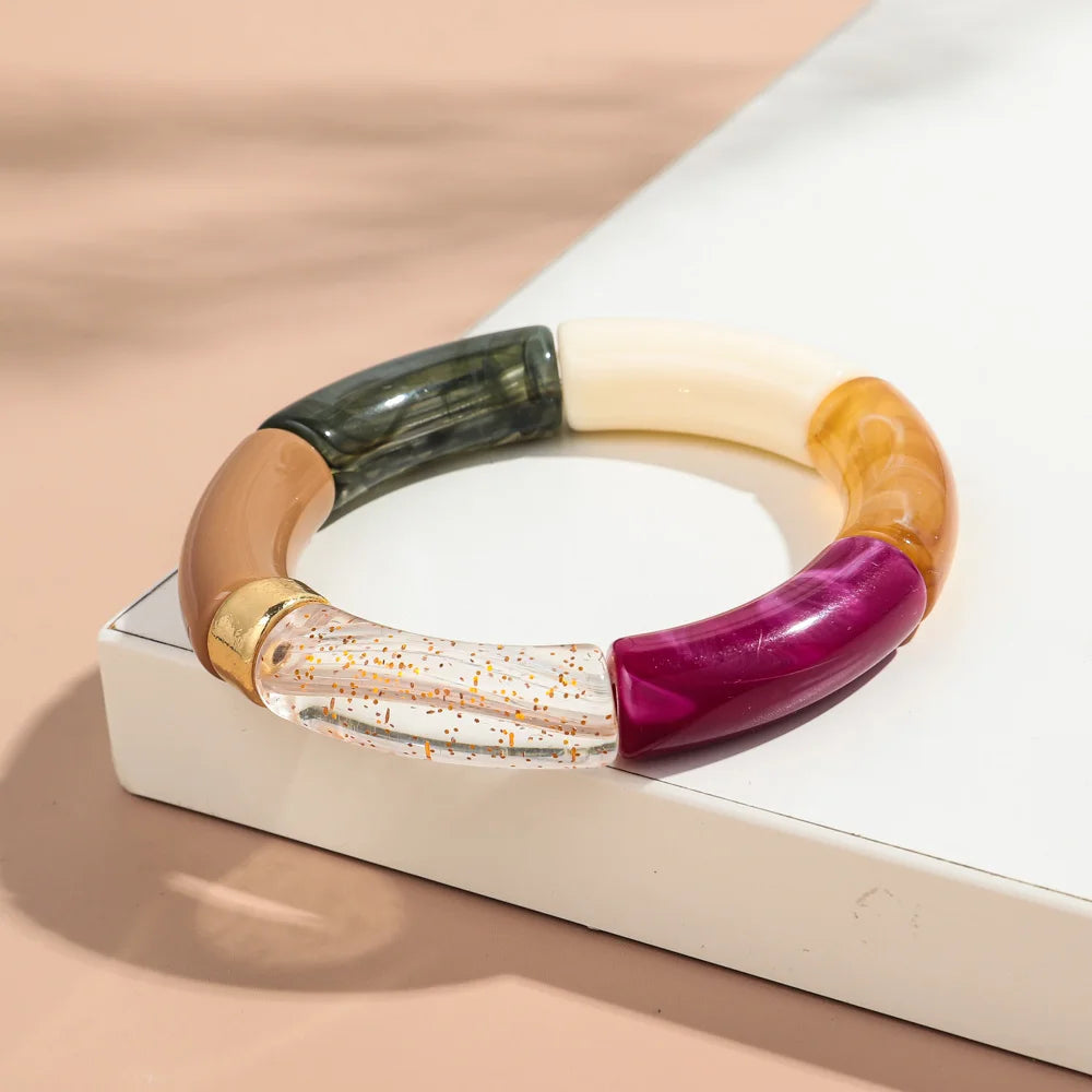 New Big Bamboo Tube Acrylic Stack Bracelet for Women Men Vintage Colorful Resin Chunky Elbow Bead Elastic Bangle Couple Jewelry