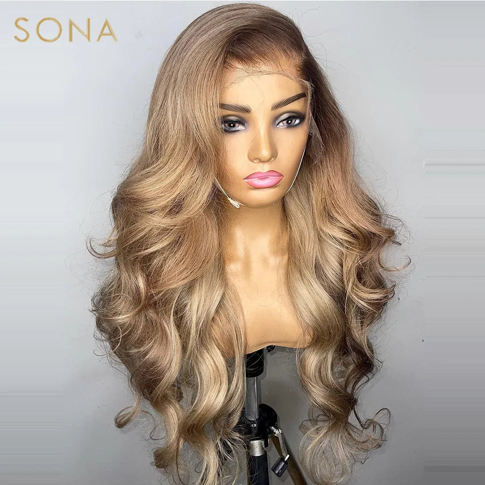 13x6 HD Transparent Lace Frontal Wig Pre Plucked Ombre Honey Blonde Lace Front Wigs Colored Human Hair Wigs with Brown Root