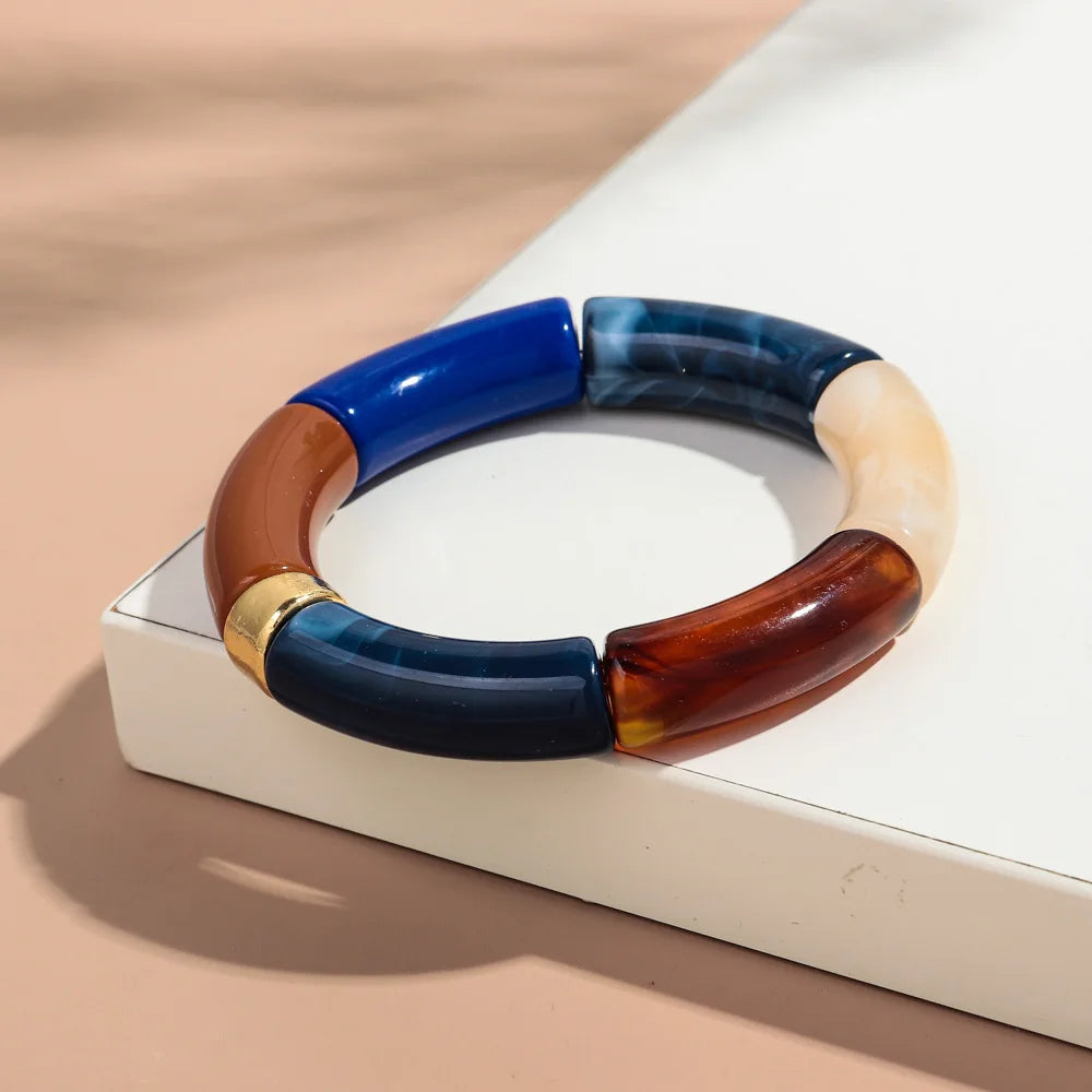 New Big Bamboo Tube Acrylic Stack Bracelet for Women Men Vintage Colorful Resin Chunky Elbow Bead Elastic Bangle Couple Jewelry