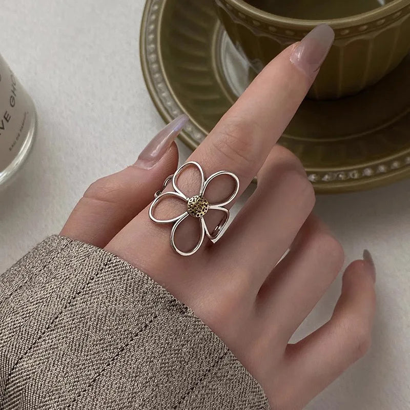 925 Sterling Silver Rings for Women Couple Minimalist Handmade Simple Big Flower Ring Party Jewelry Gift Prevent Allergy