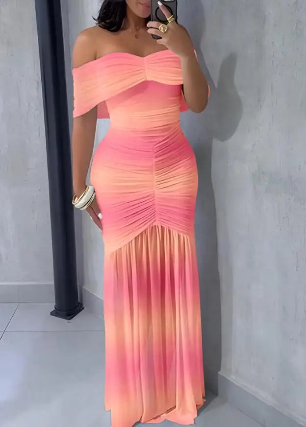 Dresses for Women 2025 Elegant Sexy Off Shoulder Ruched Cinched Waist Evening Dress Slim Fit Mermaid Hem Party Dress