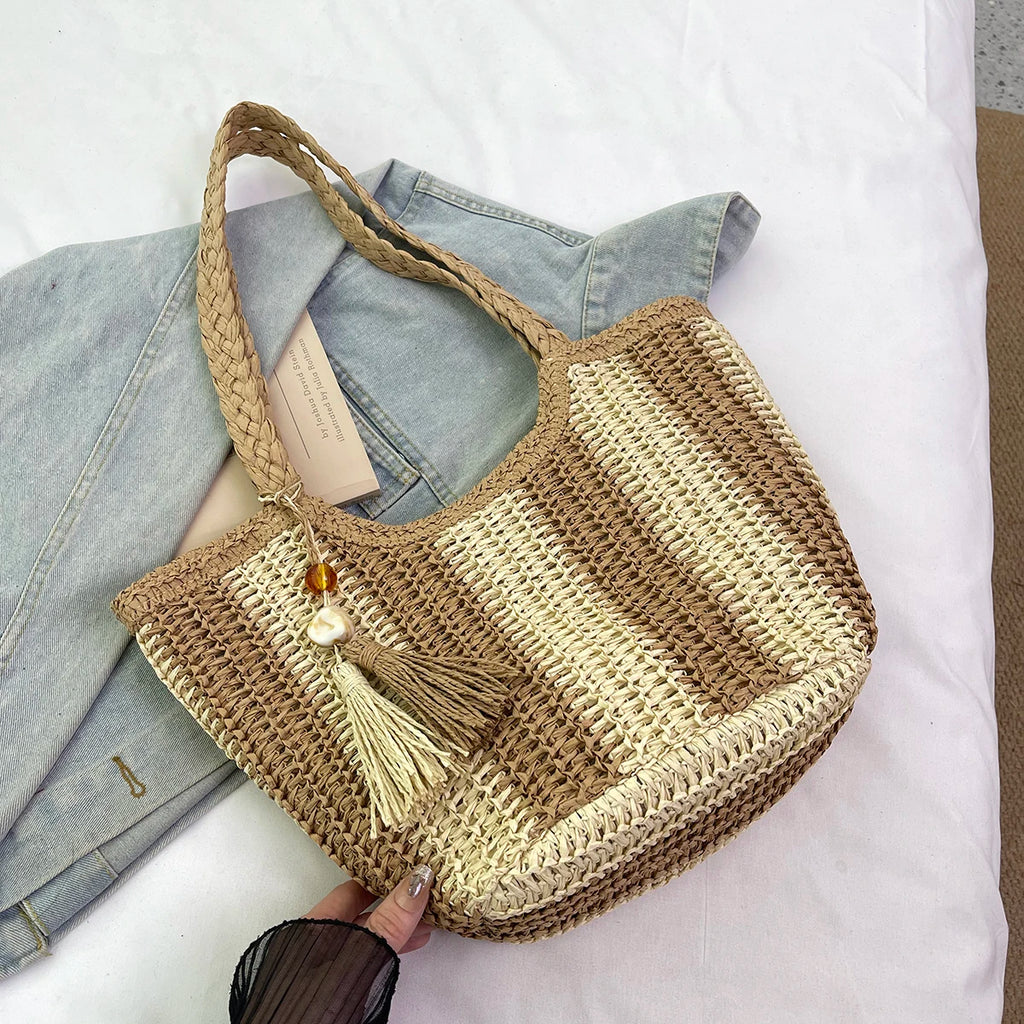 Women handbags.2025 Summer New Striped Handbag Large-capacity lightweight leisure one-shoulder straw bag holiday shopping basket