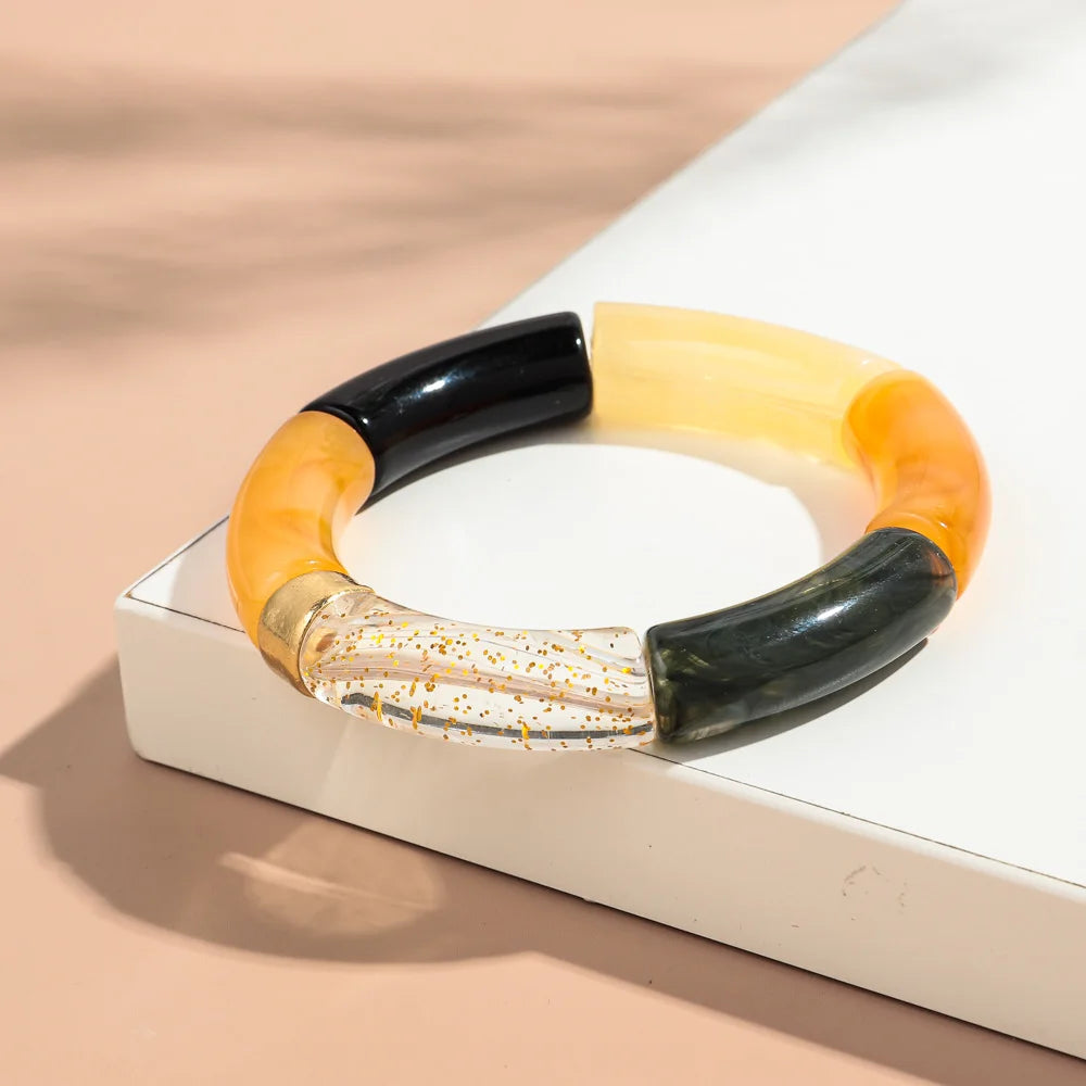 New Big Bamboo Tube Acrylic Stack Bracelet for Women Men Vintage Colorful Resin Chunky Elbow Bead Elastic Bangle Couple Jewelry